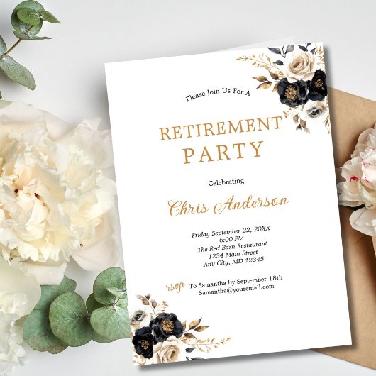 Black Gold Floral Elegant Modern Retirement Party 招待状