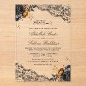 Black Gold Floral Lace Muslim Wedding アクリル招待状 (正面)