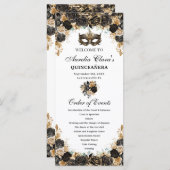 Black Gold Floral Masquerade Mask Quinceañera  プログラム (正面/裏面)