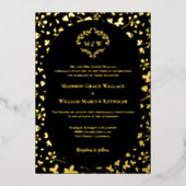 Black & Gold Floral Monogram Elegant Luxe wedding 箔招待状 (正面)