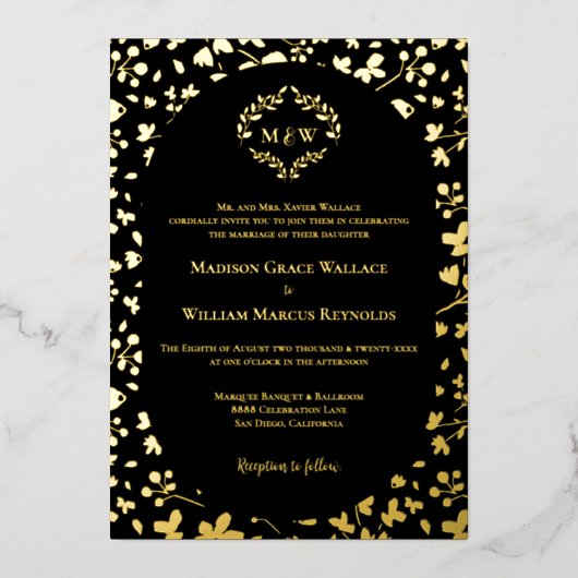 Black & Gold Floral Monogram Elegant Luxe wedding 箔招待状 (正面)