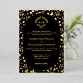 Black & Gold Floral Monogram Elegant Luxe wedding 箔招待状 (立ち正面)