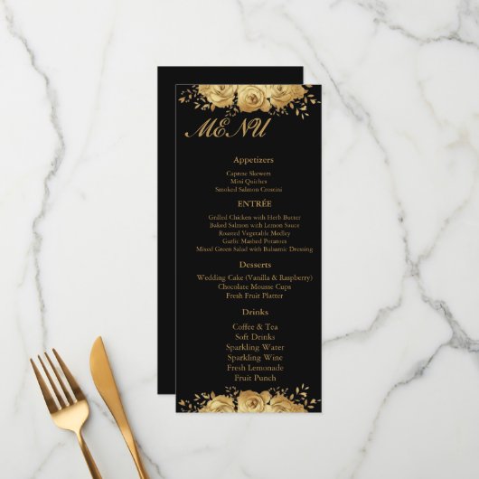 Black Gold Floral Rose Glam Wedding Reception Menu メニュー (正面/裏面インサイチュ)