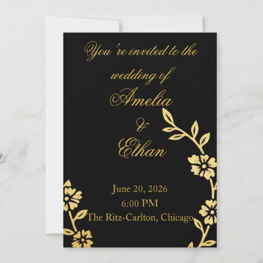 Black & Gold Floral Wedding Invitation | Elegant  招待状 (正面)