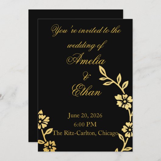 Black & Gold Floral Wedding Invitation | Elegant  招待状 (正面/裏面)