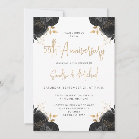Black Gold Floral White 50th Anniversary 招待状 (正面)