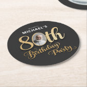 Black Gold Foil Custom Photo 80th Birthday  ラウンドペーパーコースター (アングル)