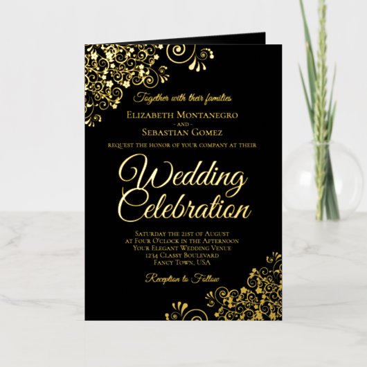 Black & Gold Foil Wedding Invite Program Combo 箔グリーティングカード (正面)