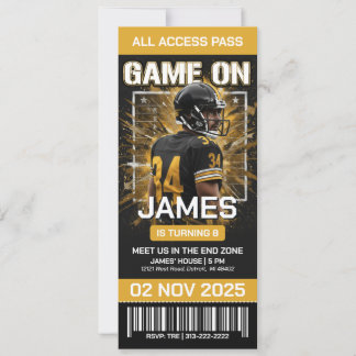 Black & Gold Football Ticket Birthday Invitation 招待状