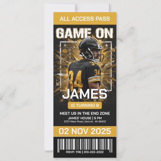 Black & Gold Football Ticket Birthday Invitation 招待状 (正面)