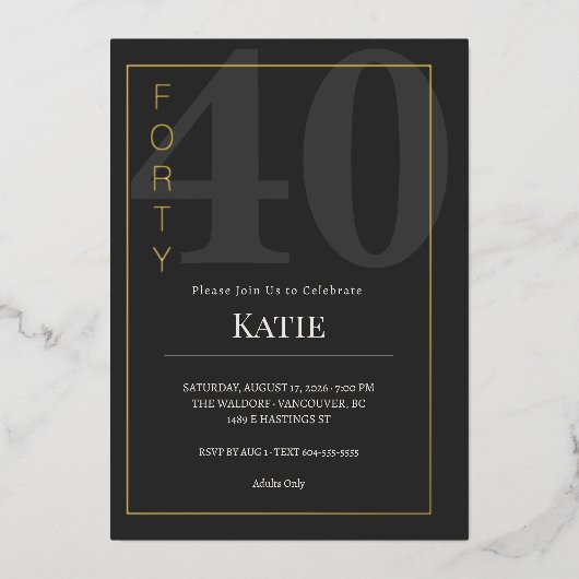 Black & Gold Forty/40th Birthday Celebration 箔招待状 (正面)