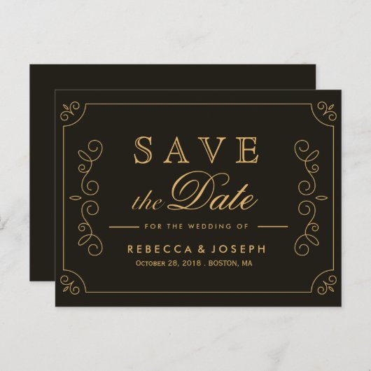 Black Gold Frame Borders Wedding Save The Date ポストカード (正面/裏面)