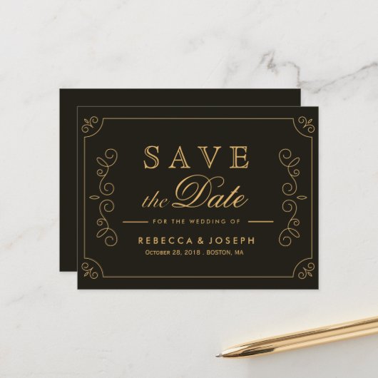 Black Gold Frame Borders Wedding Save The Date ポストカード (正面/裏面インサイチュ)