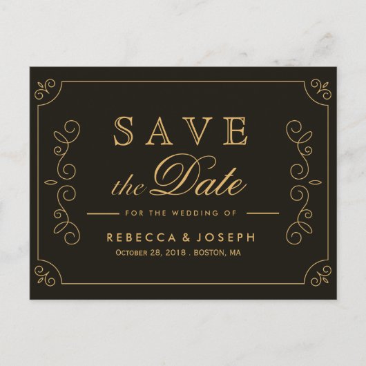 Black Gold Frame Borders Wedding Save The Date ポストカード (正面)
