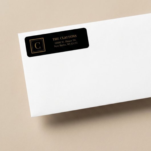 Black & Gold Framed Monogram Return Address Labels ラベル