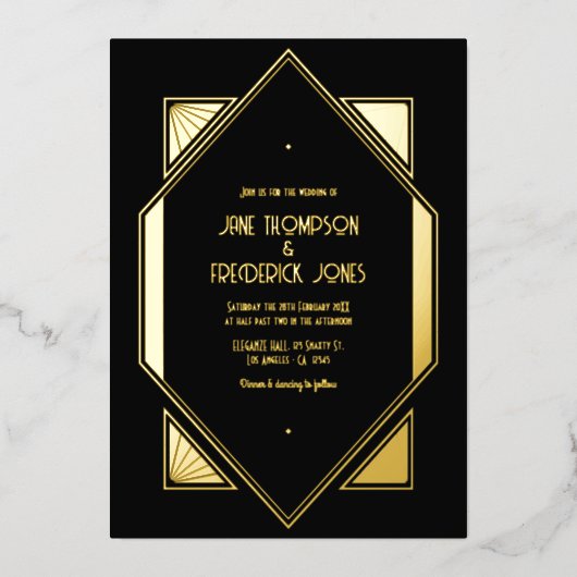 Black & Gold Gatsby Art Deco Wedding 箔招待状 (正面)