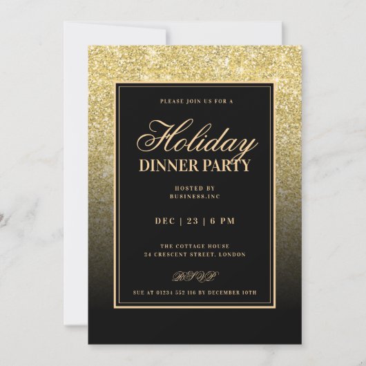 Black & Gold Glam FAUX Glitter Holiday Dinner  招待状 (正面)