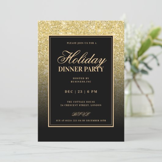 Black & Gold Glam FAUX Glitter Holiday Dinner 招待状 (スタンド正面)