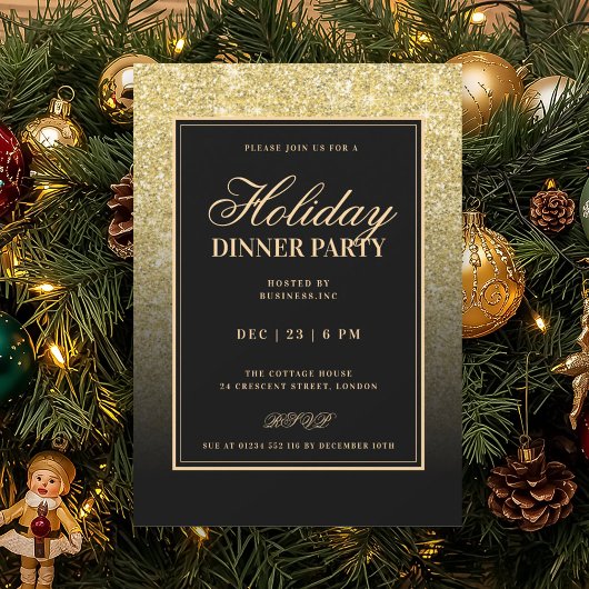 Black & Gold Glam FAUX Glitter Holiday Dinner 招待状