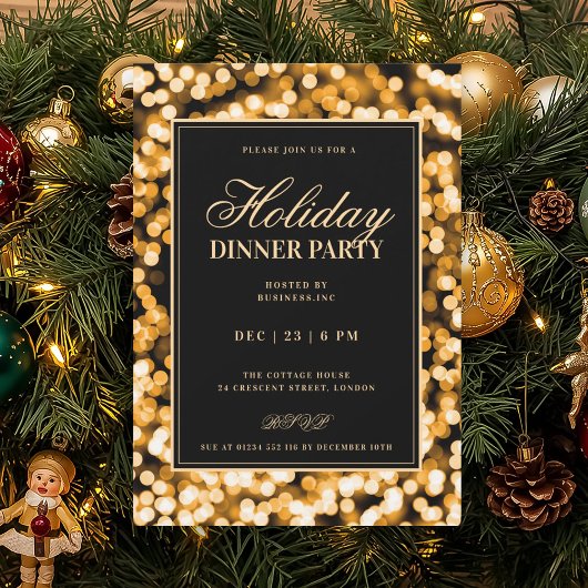 Black & Gold Glam Lights Holiday Dinner Party 招待状