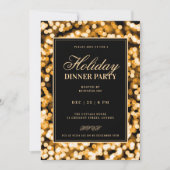 Black & Gold Glam Lights Holiday Dinner Party 招待状 (正面)