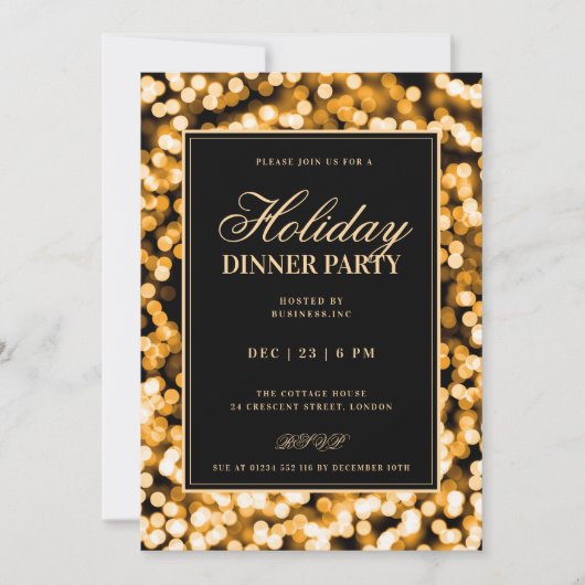 Black & Gold Glam Lights Holiday Dinner Party 招待状 (正面)