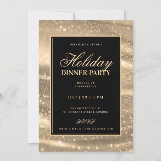 Black & Gold Glam Sequins Holiday Dinner Party 招待状 (正面)