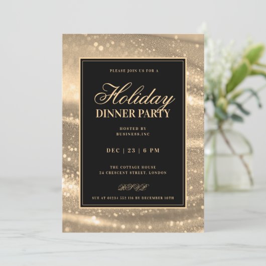 Black & Gold Glam Sequins Holiday Dinner Party 招待状 (スタンド正面)