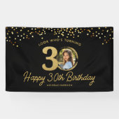 Black Gold Glitter 30th Birthday Party Your Photo  横断幕 (横)