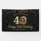 Black Gold Glitter 40th Birthday Party Your Photo 横断幕 (横)
