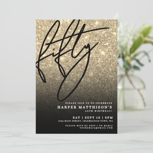 Black Gold Glitter 50th Birthday 招待状 (スタンド正面)