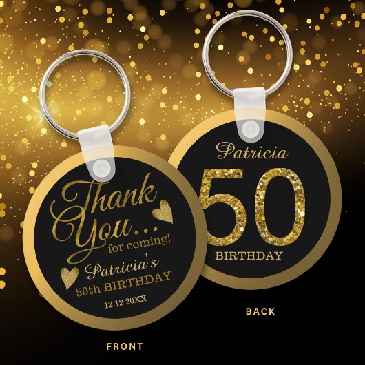 Black & Gold Glitter 50th Birthday Party Thank You キーホルダー