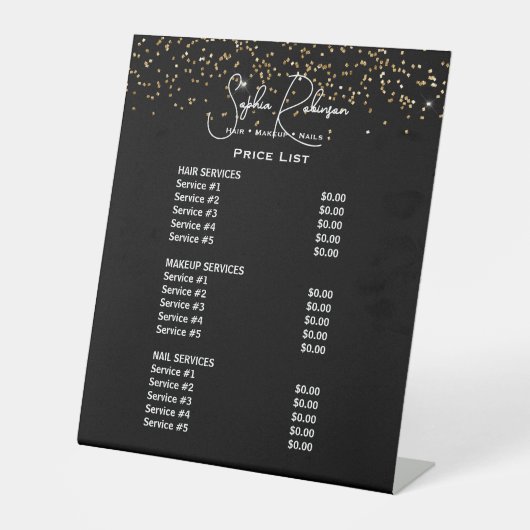 Black & Gold Glitter Beauty Salon Price List 台座サイン (正面)