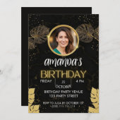 Black Gold Glitter Birthday Invitation 招待状 (正面/裏面)