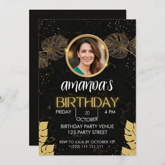 Black Gold Glitter Birthday Invitation 招待状 (正面/裏面)