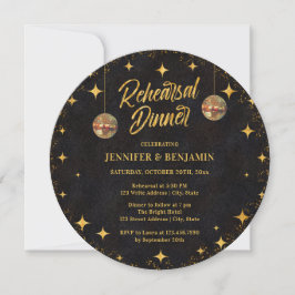 Black Gold Glitter Disco Ball Rehearsal Dinner 招待状