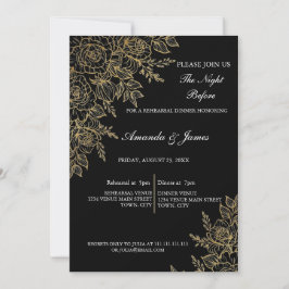 Black Gold Glitter Floral Photo Rehearsal Dinner 招待状