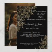 Black Gold Glitter Floral Photo Rehearsal Dinner  招待状 (正面/裏面)