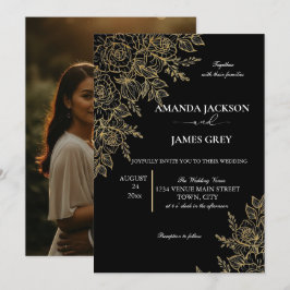 Black Gold Glitter Photo Back Glam Wedding 招待状