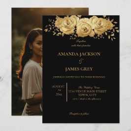 Black Gold Glitter Photo Back Glam Wedding 招待状