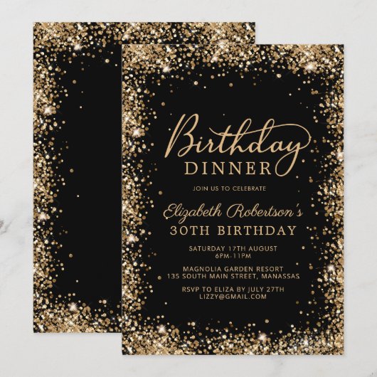 Black Gold Glitter Script 30th Birthday Dinner 招待状 (正面/裏面)