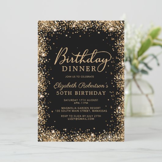 Black Gold Glitter Script 50th Birthday Dinner 招待状 (スタンド正面)
