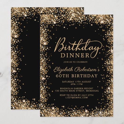 Black Gold Glitter Script 60th Birthday Dinner 招待状 (正面/裏面)