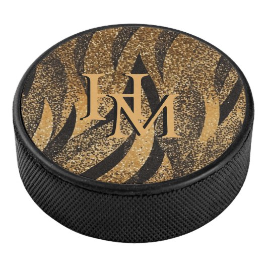 Black Gold Glitter Tiger Pattern Initials アイスホッケーパック (3/4)