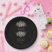 Black Gold Goth Floral Monogram Wedding ペーパープレート (パーティー)