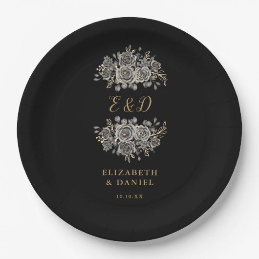 Black Gold Goth Floral Monogram Wedding ペーパープレート (正面)