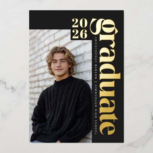 Black Gold Graduate Black Photo Graduation Gold 箔招待状 (正面)