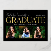 Black Gold Graduate Three Photo Collage Party 箔招待状 (正面)
