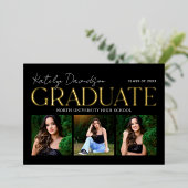 Black Gold Graduate Three Photo Collage Party 箔招待状 (立ち正面)
