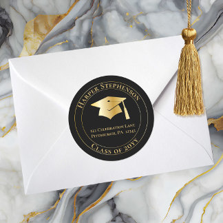 Black Gold Graduation Cap Class of 2026 Return Add ラウンドシール